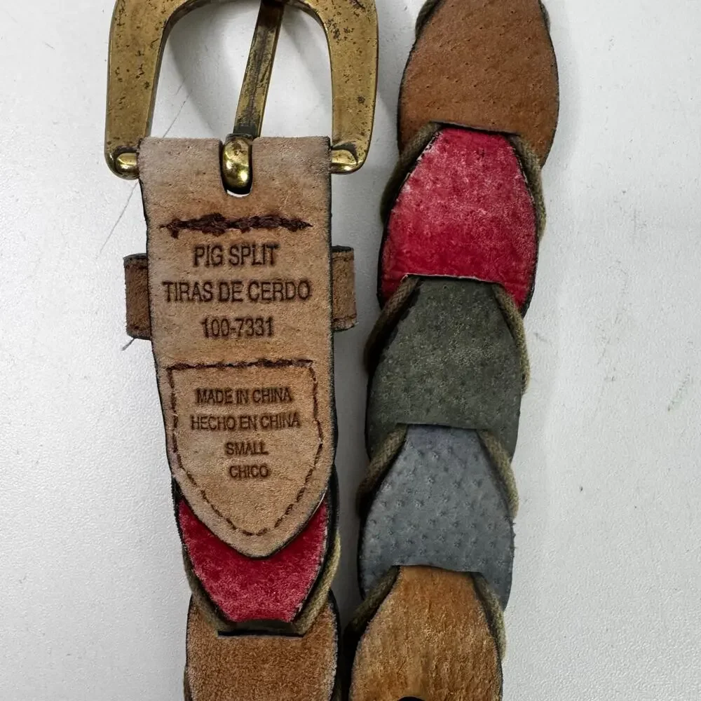 Vintage Pig split Leather Braided Multicolor Brass Buckle Womens Small